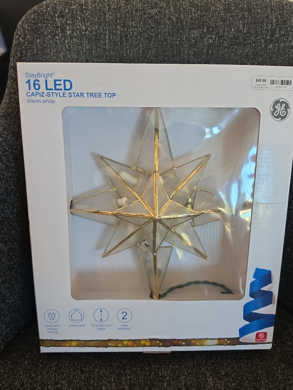 NIB Stay Bright 16 LED Capiz Style Christmas Tree Top Topper GE Warm White 10"